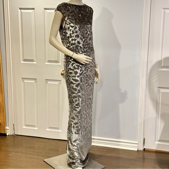 NWT Rachel Gilbert Carlotta Silver Sequin Floor Length Sz 10 Boatneck Gown - Picture 9 of 13